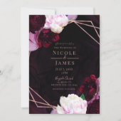 ダークワインムーディモダンフローラバラ結婚金ゴールド 招待状 (正面)