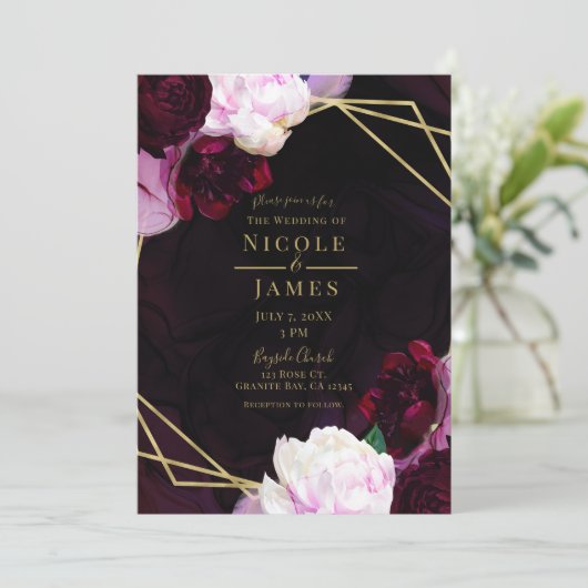 ダークワインムーディモダンフローラ金ゴールド結婚グラム 招待状 (スタンド正面)