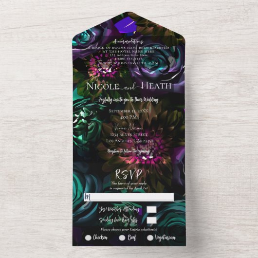 ダークワンダーランドはっきりしたグラムフローラの花結婚の数 オールインワン招待状 (内側)