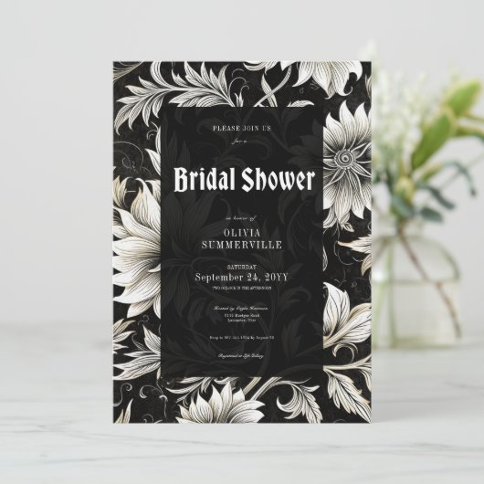 ダークヴィンテージブラック&ホワイトダマスクブライダルシャワー 招待状 (スタンド正面)