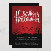 ダーク墓地こうもりブラックアンドレッドハローウィンパーティ 招待状 (正面/裏面)