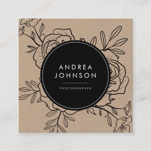 ダーク描フローラ素朴クラフトボタニカルモダン スクエア名刺 (正面)