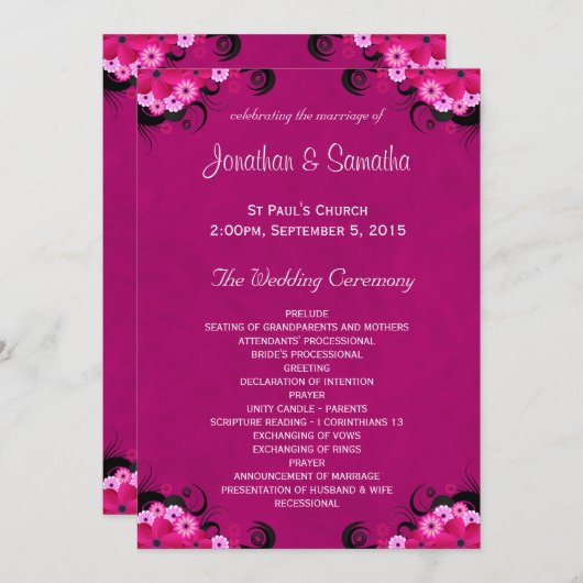 ダーク明るい赤紫色フローラフラット結婚式 プログラムテンプレート プログラム (正面/裏面)