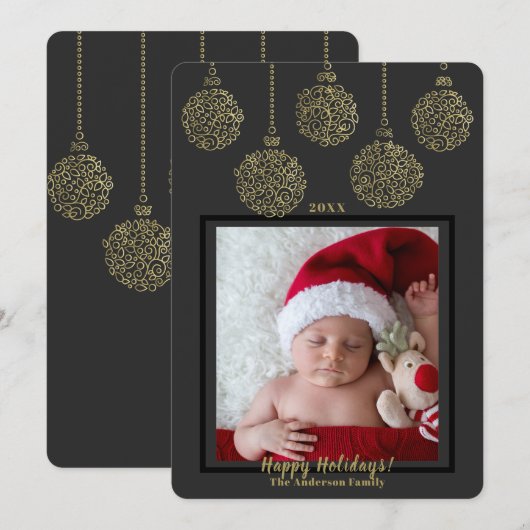 ダーク炭金ゴールドオーナメントモダンホリデーフォト 招待状 (正面/裏面)