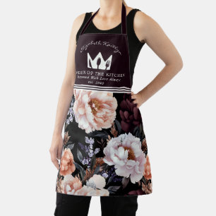 ダーク牡丹の花柄 キッチンの女王 エプロン