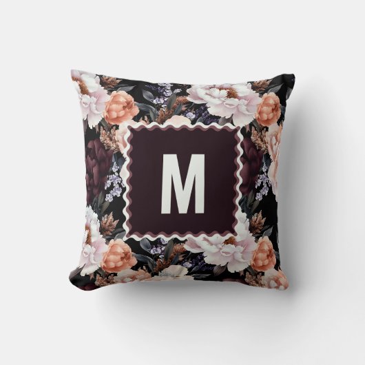 ダーク牡丹の花柄 | モノグラム クッション (正面)