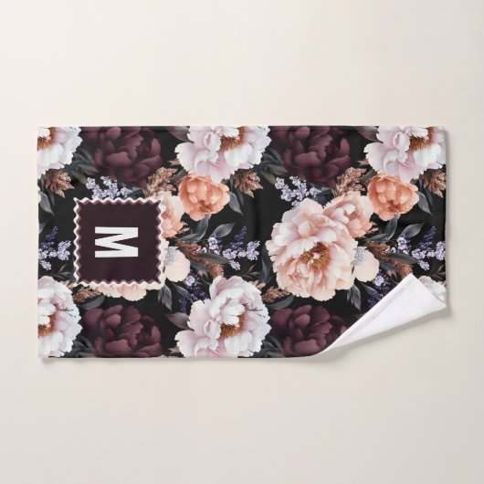 ダーク牡丹の花柄 | モノグラム バスタオルセット (ハンドタオル)
