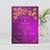 ダーク王室のパープル&金ゴールドフローラ結婚式招待状 招待状 (スタンド正面)