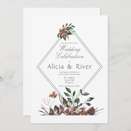 ダーク秋花模様ウェディングパーティー招待状 招待状 (正面/裏面)