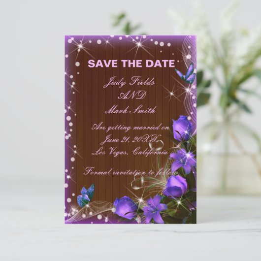 ダーク素朴ウッドパープルフローラ日付カードを保存 サンキューカード (スタンド正面)