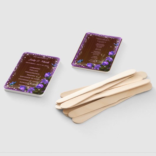 ダーク素朴ウッドパープルフローラ結婚式 プログラム ハンドファン (組立なし)