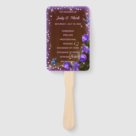 ダーク素朴ウッドパープルフローラ結婚式 プログラム ハンドファン (正面)