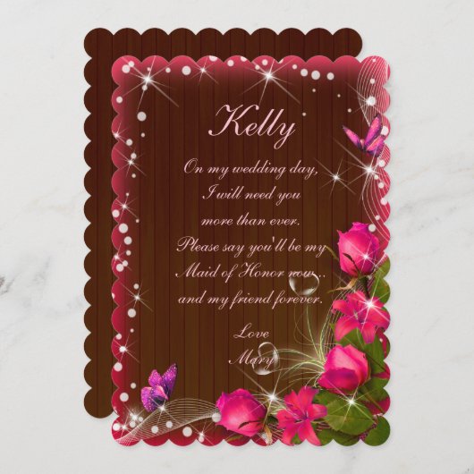 ダーク素朴ウッドピンクフローラメイド・オブ・オーナー(花嫁付き添い人) 招待状 (正面/裏面)