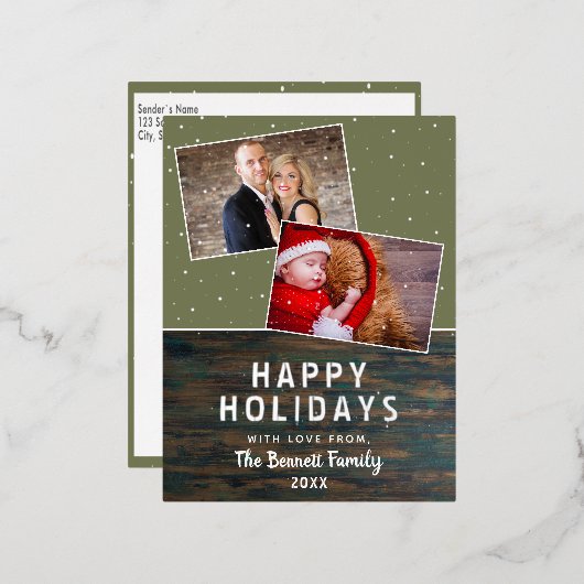 ダーク素朴ウッドファミリー2枚の写真シルバー 箔シーズンポストカード (正面/裏面)