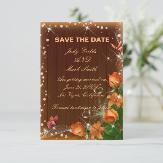 ダーク素朴ウッドフローラ結婚式の日付カードを保存 サンキューカード (スタンド正面)