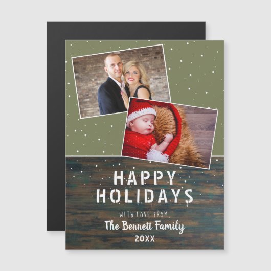 ダーク素朴ウッド雪の休日2フォトコラージュカード (正面/裏面)