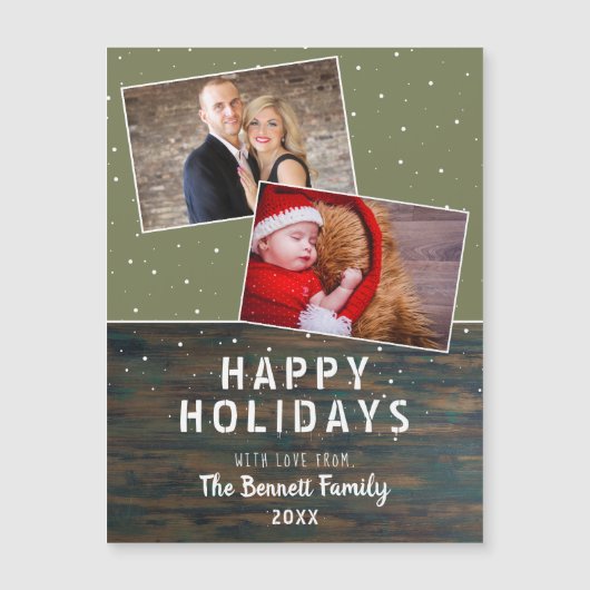 ダーク素朴ウッド雪の休日2フォトコラージュカード (正面)