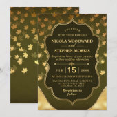 ダーク素朴グリーンと金ゴールドの紅葉結婚ズ 招待状 (正面/裏面)