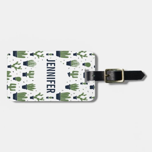 ダーク素朴グリーンサボテン砂漠パターン ラゲッジタグ (正面横)