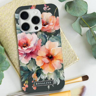 ダーク素朴セージ緑ピンクフローラモノグラム iPhone 15 PROケース