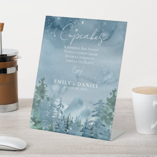 ダーク素朴ダスクブルー山結婚ズケーキ 台座サイン (インサイチュ)