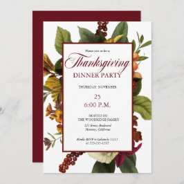 ダーク素朴レッドフローラブーケ感謝祭ディナー 招待状
