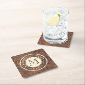 ダーク素朴結婚ウォルナットのハートモノグラム スクエアペーパーコースター (インサイチュ)