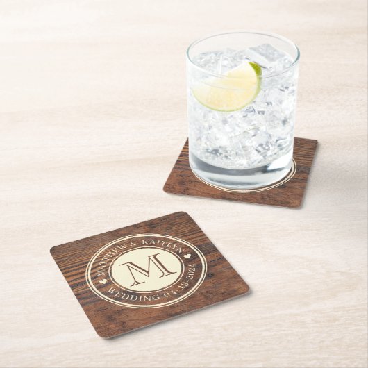 ダーク素朴結婚ウォルナットのハートモノグラム スクエアペーパーコースター (インサイチュ)