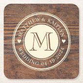 ダーク素朴結婚ウォルナットのハートモノグラム スクエアペーパーコースター (正面)