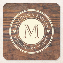 ダーク素朴結婚ウォルナットのハートモノグラム スクエアペーパーコースター