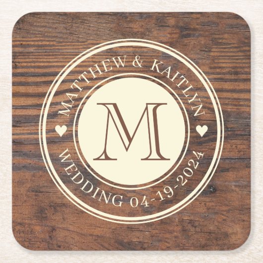 ダーク素朴結婚ウォルナットのハートモノグラム スクエアペーパーコースター (正面)