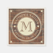 ダーク素朴結婚ウォルナットのハートモノグラム スタンダードカクテルナプキン (正面)