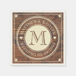 ダーク素朴結婚ウォルナットのハートモノグラム スタンダードカクテルナプキン