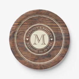 ダーク素朴結婚ウォルナットのハートモノグラム ペーパープレート