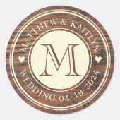 ダーク素朴結婚ウォルナットのハートモノグラム ラウンドシール (正面)