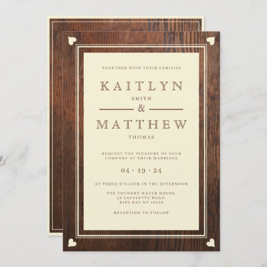 ダーク素朴結婚ウォルナットのハートモノグラム 招待状 (正面/裏面)