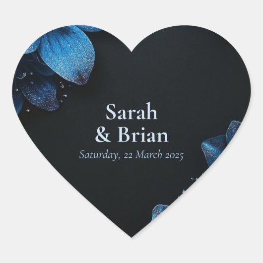 ダーク結婚の贈り物シールグリッター青い花 ハートシール (正面)