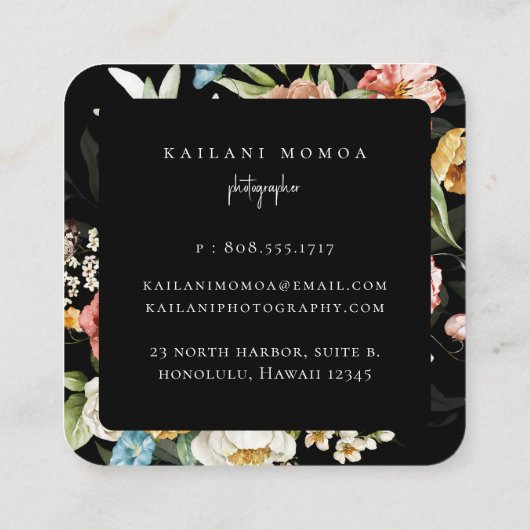 ダーク絵を描フローラブラックスクエアビジネスカード スクエア名刺 (裏面)