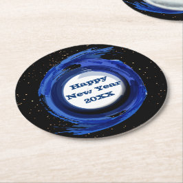 ダーク絵を描ブルーオンナイトハッピーニューイヤー20xx ラウンドペーパーコースター