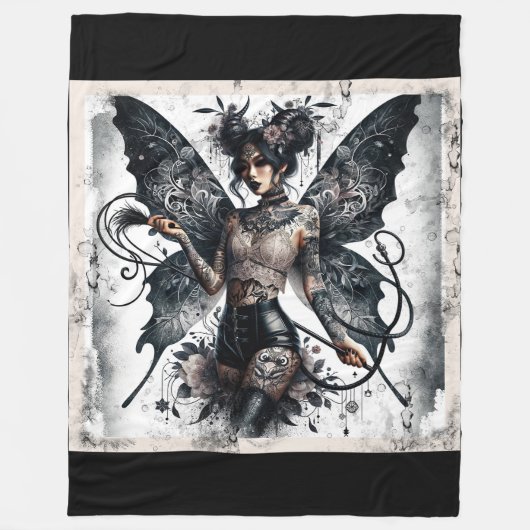 ダーク美しいゴシックアジア妖精タトゥー&ホイップ フリースブランケット (正面)