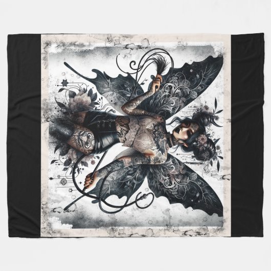 ダーク美しいゴシックアジア妖精タトゥー&ホイップ フリースブランケット (正面(横))