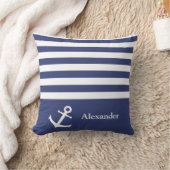 ダーク航海のブルーと白のストライプいかり クッション (ブランケット)