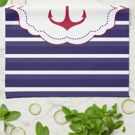 ダーク航海のブルーホワイトストライプいかり キッチンタオル (折り畳み)