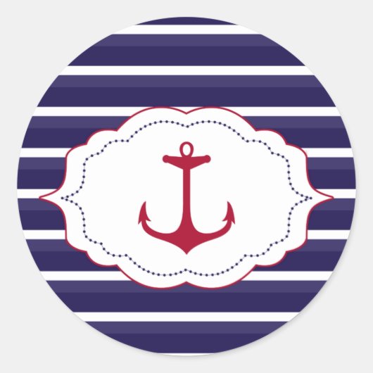 ダーク航海のブルーホワイトストライプいかり ラウンドシール (正面)