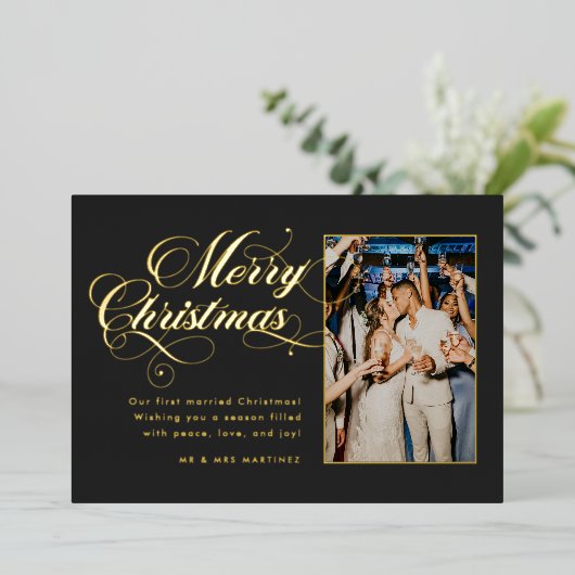 ダーク華美グレーメリークリスマスフォイルホリデーカード 箔シーズンカード (立ち正面)