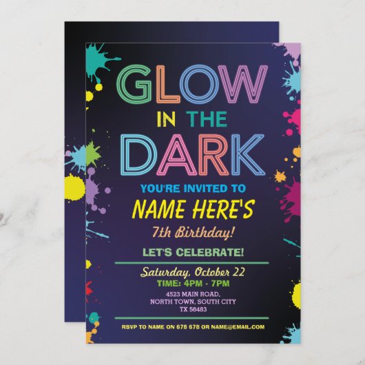ダーク誕生日のネオンスケー絵を描トダンスで輝く 招待状 (正面/裏面)