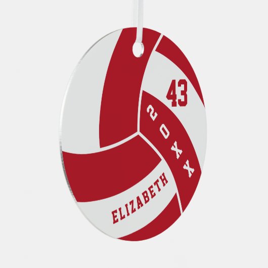 ダーク赤と白バレーボール メタルオーナメント (正面右)