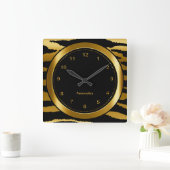 ダーク金ゴールドとブラックゼブラストライププリント スクエア壁時計 (ホーム)