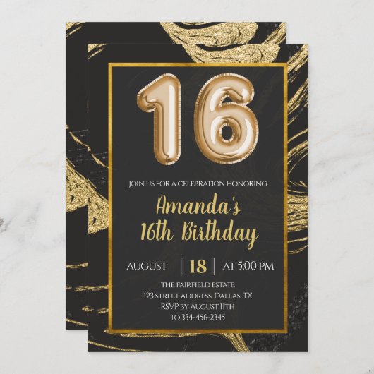 ダーク金ゴールド大理石16番目の誕生日招待状 招待状 (正面/裏面)