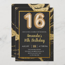ダーク金ゴールド大理石16番目の誕生日招待状 招待状